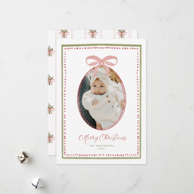 Charming Bow Hand Painted Christmas Photo Card (Front/Back In Situ)