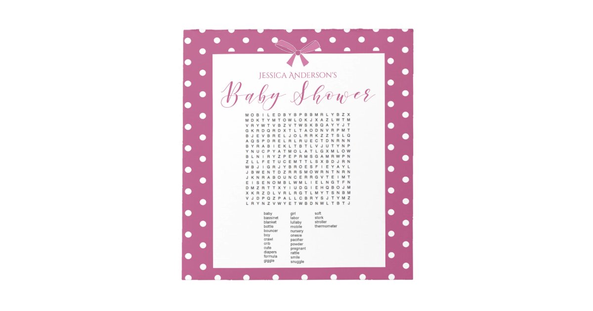 Charming Bright Pink Baby Shower Word Find Game Notepad | Zazzle.com