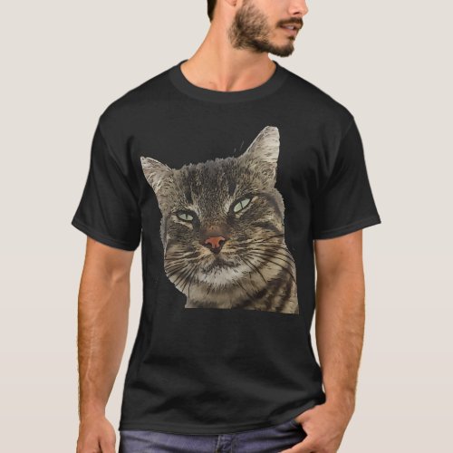 Charming Brown Tabby Cat Black Outline Art Cut Out T_Shirt