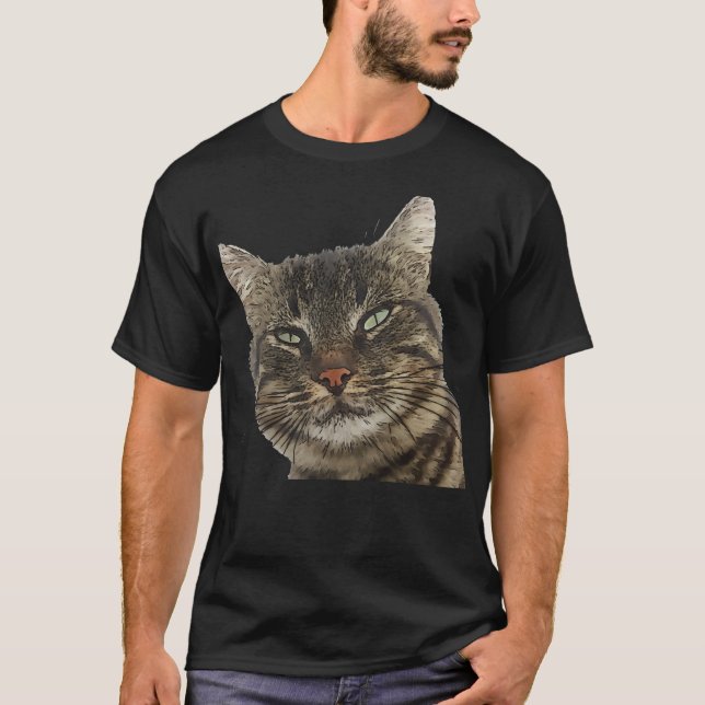 Charming Brown Tabby Cat Black Outline Art Cut Out T-Shirt (Front)