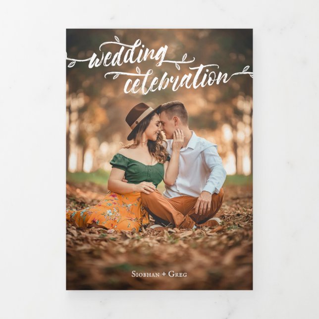 Charming Brush Script Photo Wedding Tri-Fold Invitation (Cover)