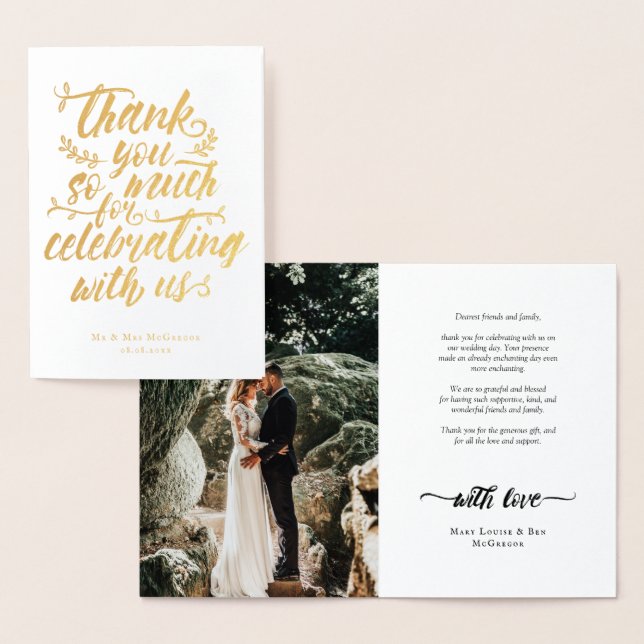 Charming Brush Script Thank You Wedding Photo Foil Card (Display)