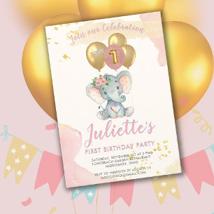 Charming BUDGET Pink Elephant First Birthday Girl Invitation