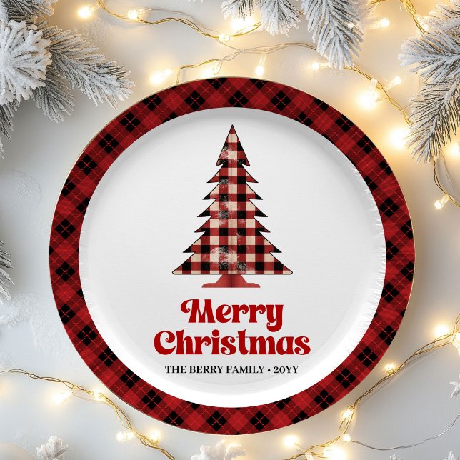 Charming Buffalo Plaid Tree Family Name Paper Plat Plates (Charming Buffalo Plaid Tree Family Name Paper Plates)