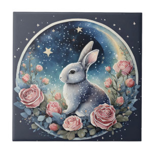 Charming Bunny in a Spring Meadow Under a Starry W Ceramic Tile