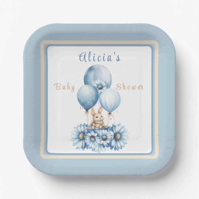 Charming Bunny In Blue Boy’s Baby Shower  Paper Plates (Front)