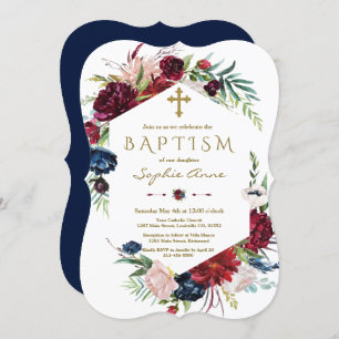 Charming Burgundy Blue Floral Wreath Girl Baptism Invitation