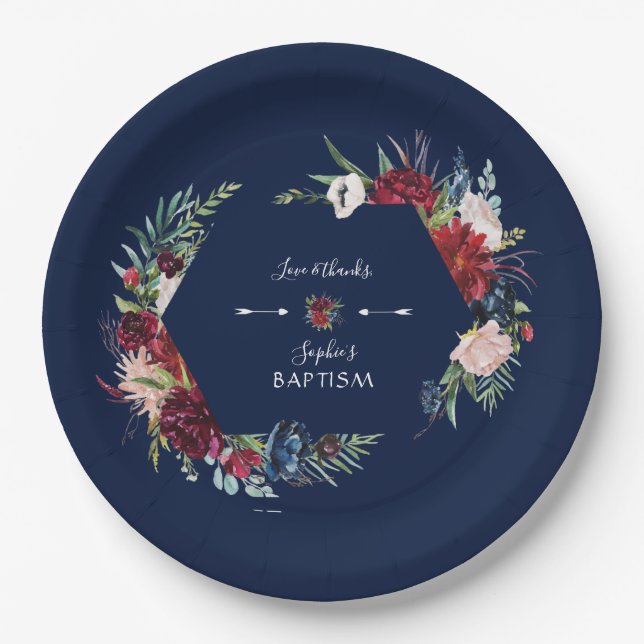 Charming Burgundy Blue Floral Wreath Girl Baptism Paper Plates (Front)