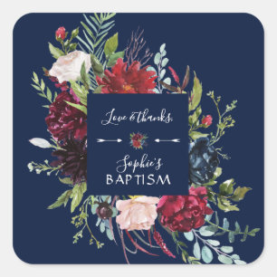 Charming Burgundy Blue Floral Wreath Girl Baptism Square Sticker
