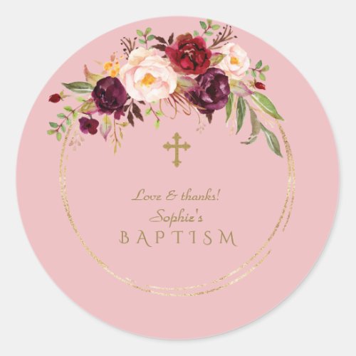 Charming Burgundy Blush Flowers Baptism Classic Round Sticker