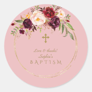 Charming Burgundy Blush Flowers Baptism Classic Round Sticker