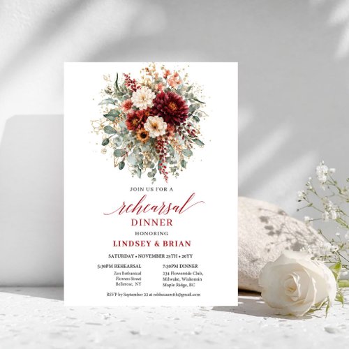 Charming Burgundy Eucalyptus Rehearsal Dinner  Invitation