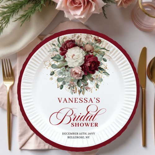 Charming Burgundy Floral Bridal Shower Paper Plate