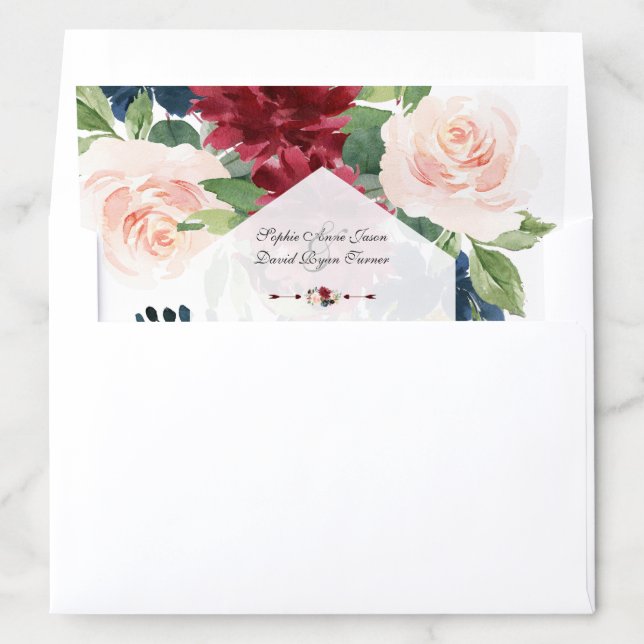 Charming Burgundy Floral Hexagon Frame Wedding Envelope Liner (In Envelope)