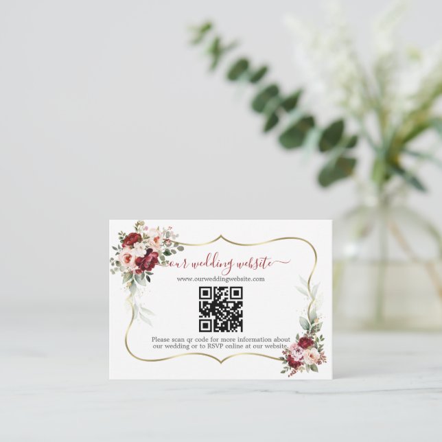 Charming Burgundy Flowers QR Code Wedding  Enclosure Card (Standing Front)