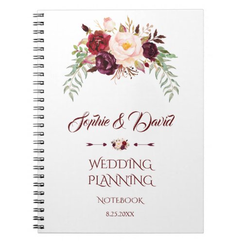 Charming Burgundy Marsala Floral Wedding Planner Notebook