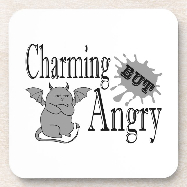 Charming but angry little devil cat funny quote beverage coaster (Front)