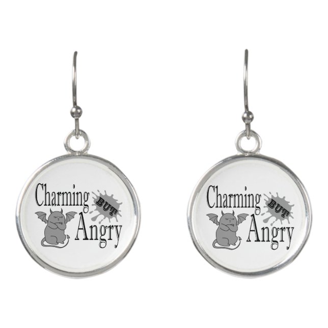 Charming but angry little devil cat funny quote earrings (Front)