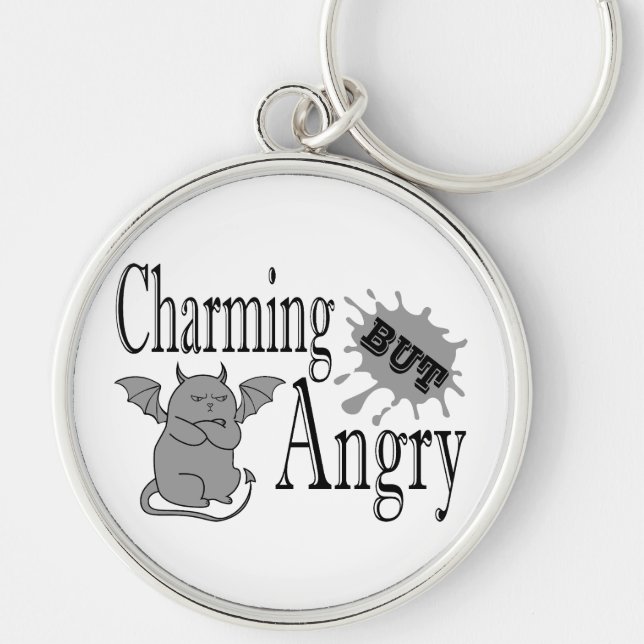 Charming but angry little devil cat funny quote keychain (Front)