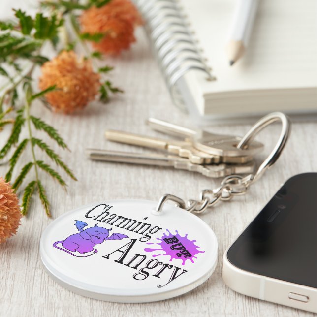 Charming but angry little devil cat funny quote keychain (Front Right)