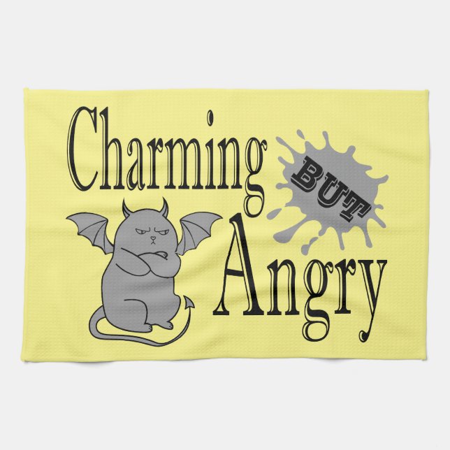Charming but angry little devil cat funny quote kitchen towel (Horizontal)
