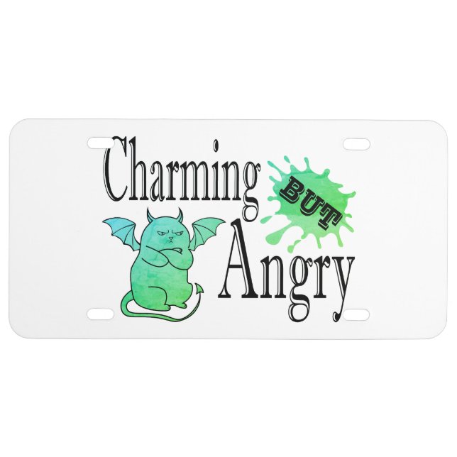 Charming but angry little devil cat funny quote license plate (Front)