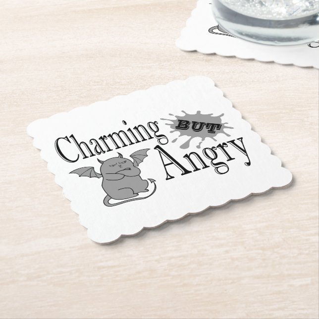Charming but angry little devil cat funny quote paper coaster (Angled)