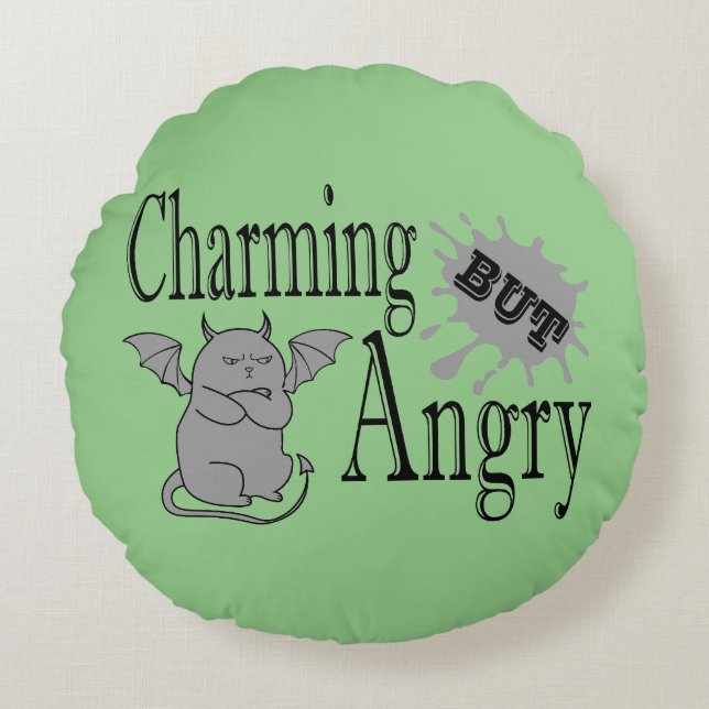 Charming but angry little devil cat funny quote round pillow (Front)