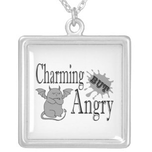Charming but angry little devil cat funny quote silver plated necklace