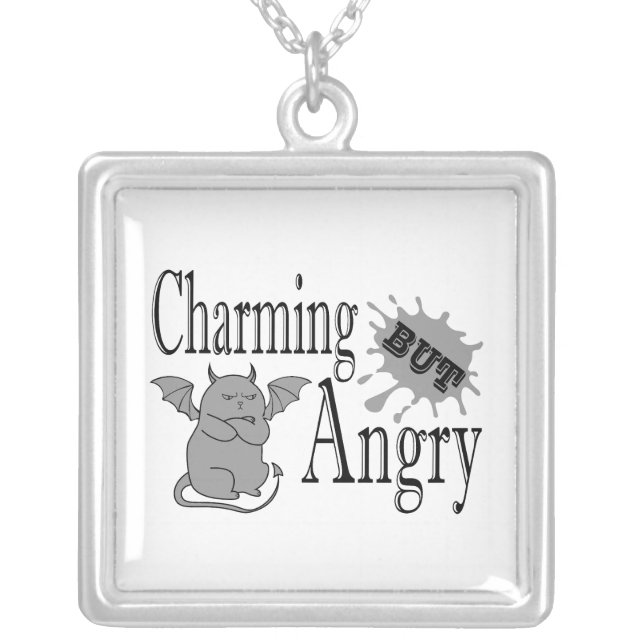 Charming but angry little devil cat funny quote silver plated necklace (Front)