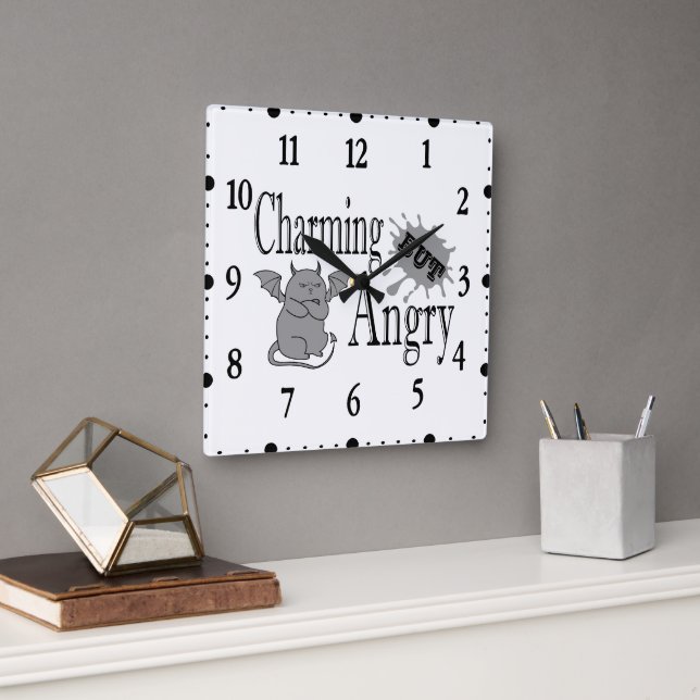 Charming but angry little devil cat funny quote square wall clock (Office)