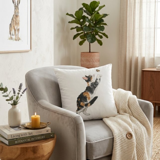 Charming Calico Cat & Butterfly Watercolor Throw  Pillow (Creator Uploaded)
