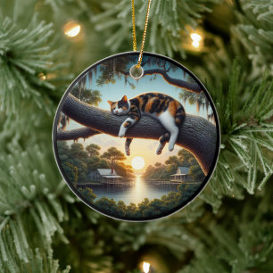 Charming Calico Cat Rustic Scene Ceramic Ornament
