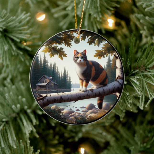 Charming Calico Cat Rustic Scene  Ceramic Ornament (Creator Uploaded)
