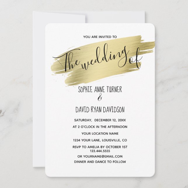 Charming Calligraphy Gold Stroke Wedding Invitation (Front)