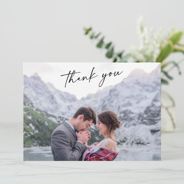 Charming Calligraphy Wedding Photo Thank You Card (Standing Front)