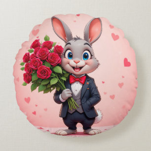 Charming Cartoon Bunny Holding Roses Round Pillow