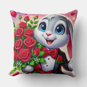 Charming Cartoon Bunny Holding Roses Throw Pillow
