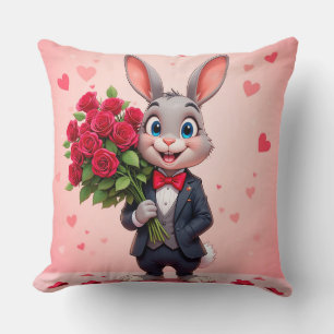 Charming Cartoon Bunny Holding Roses Throw Pillow