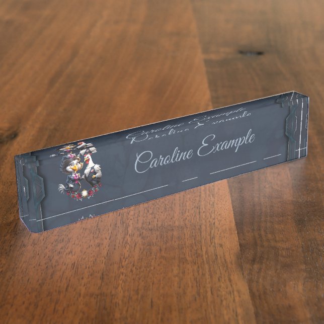 Charming cartoon chicken couple.  desk name plate (Side)