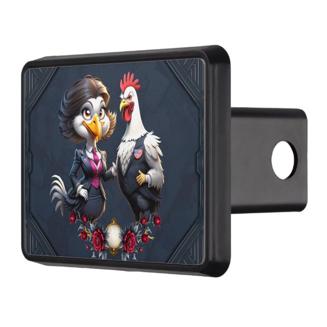 Charming cartoon chicken couple. hitch cover (Left)