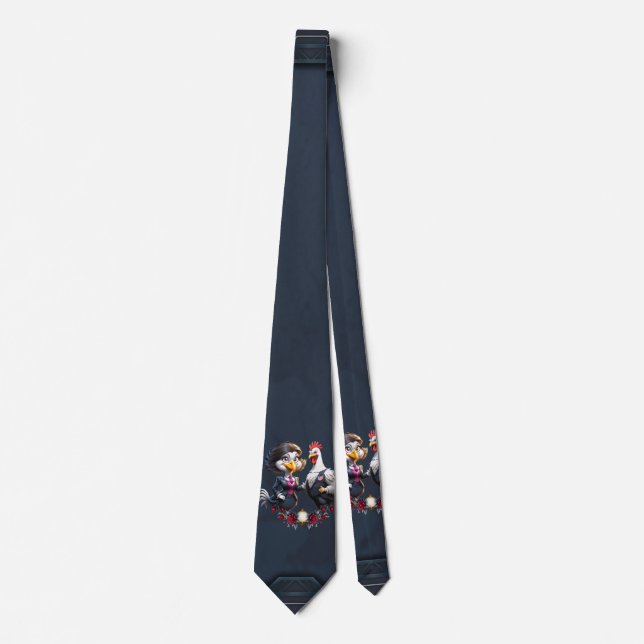 Charming cartoon chicken couple. neck tie (Front)