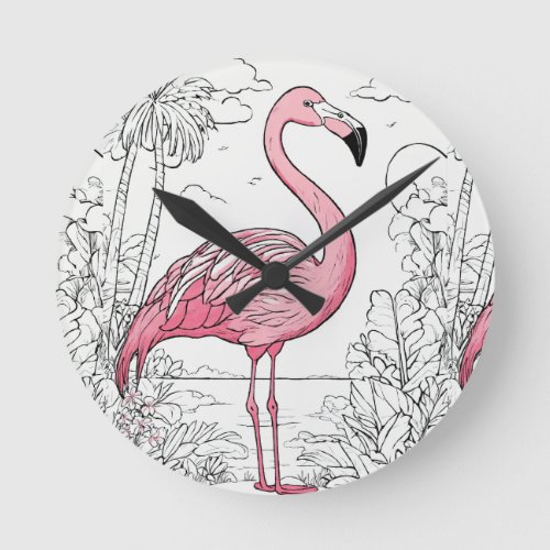 Charming Cartoon Flamingo Round Wall Clock Time  Round Clock