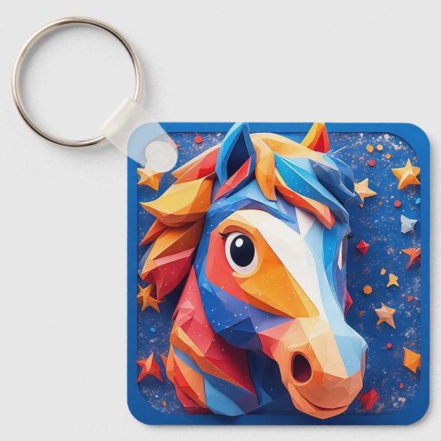 Charming Cartoon Horse Portrait With Stars Keychain (Front)