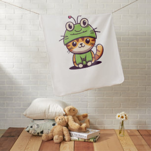 Charming Cat in Frog Hat - Adorable Baby Kitten Blanket