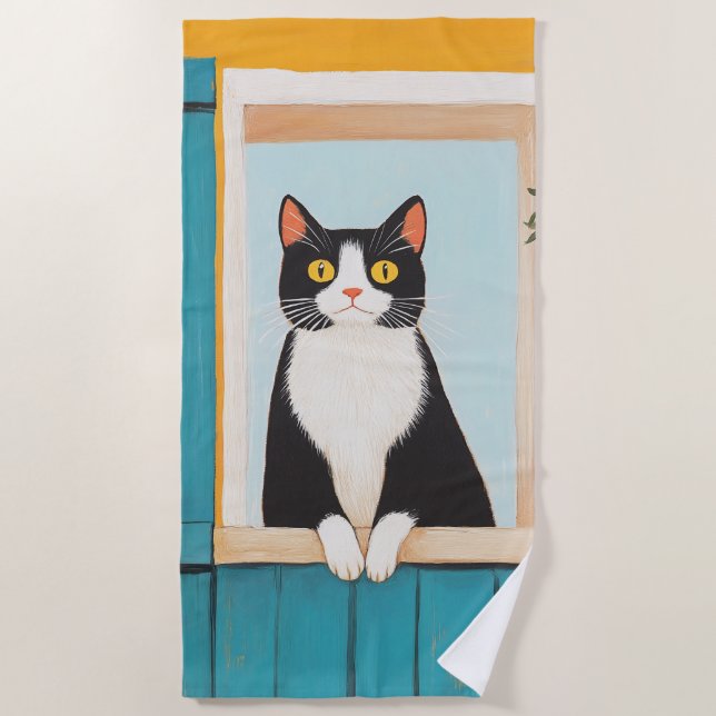 Charming Cat in Window Beach Towel (Front)