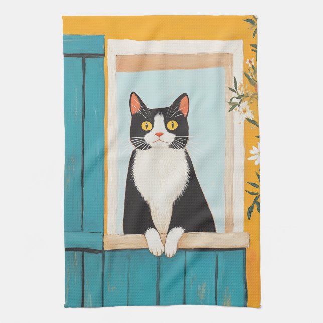 Charming Cat in Window Kitchen Towel (Vertical)