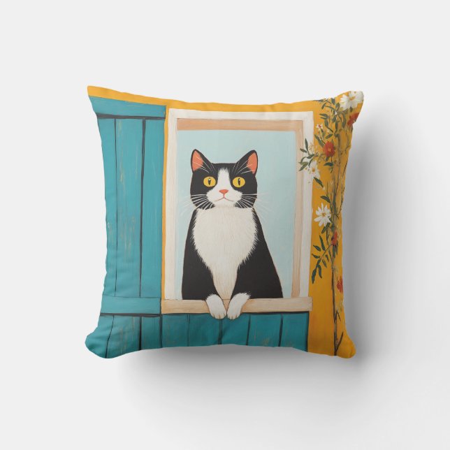 Charming Cat in Window Throw Pillow (Front)