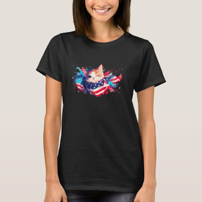 Charming Cat With American Flag T-Shirt (Front)