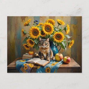 Charming Cat with Sunflower Bouquet Postcard